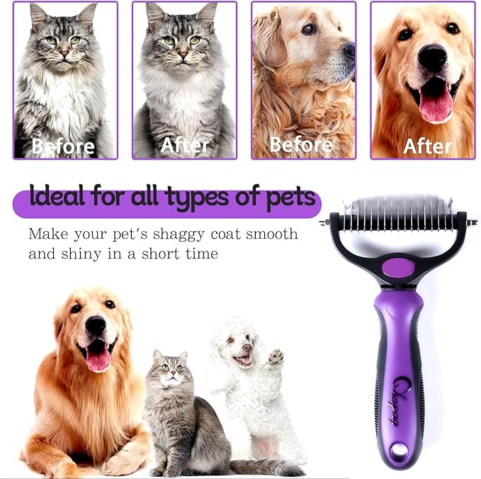 Pet Grooming Brush and Metal Comb Double Sided Long Hair Pet Undercoat Cleaner Undercoat Rake for Dogs and Cats Removes Mats and Lint Effectively removes shedding or carpeted sofa flyaway hair.