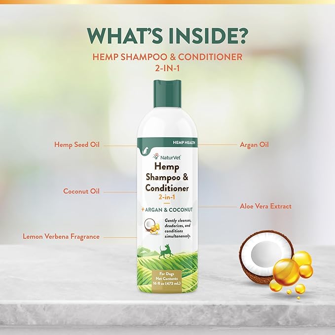 NaturVet Hemp Shampoo & Conditioner 2-in-1 with Argan and Coconut for Dogs, 16oz Liquid, Made in The USA