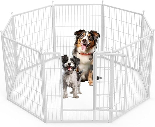 HealSmart Dog Playpen 32 Inch 8 Panels, Heavy Duty Metal Portable Pet Playpen Indoor Outdoor for Camping, Yard, RV, Garden Fence, Privacy Patio, White