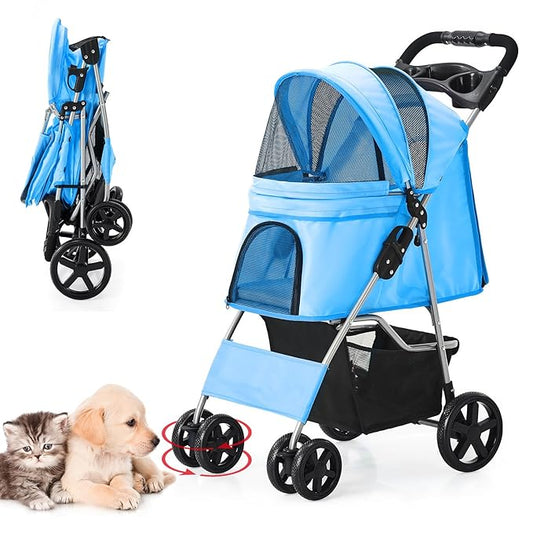 Dog Stroller for Small Dogs, Portable Pet Stroller for Cats Folding Puppy Stroller Lightweight Dog Cat Cage Jogger Stroller with Storage Basket and Cup Holder, 4 Wheels, Blue