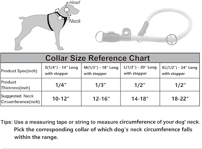 Braided Rope Collar, Training Dog Collar, Round Martingale Collar, Slip Collar with Adjustable Stopper and Slidable Stop Ring - Ideal for Small Dogs (S(1/4") - 14" Long, Black)