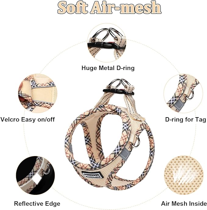 Mercano Soft Mesh Dog Harness and Leash Set, No-Chock Step-in Reflective Breathable Lightweight Easy Walk Escape Proof Vest Harnesses with Safety Buckle for Small Medium Dogs, Cats (Beige, XXS)