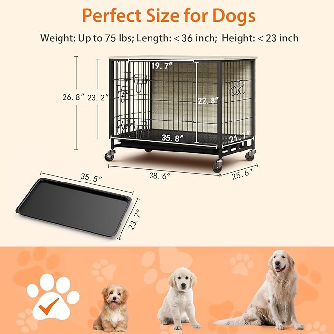 Large Dog Crate Furniture, 38.6" L x 25.6" W x 26.8" H, Indoor Pet Crate with Double Doors, Removable Tray and 360° Wheels, Wooden Countertop Dog Kennel, Gray&Black