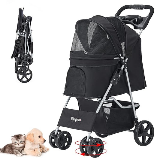 Pet Stroller for Medium Small Dogs and Cats, Folding Puppy Stroller Dog Cat Cage Jogger Stroller with Cup Holder and Storage Basket, 4 Wheels, Black