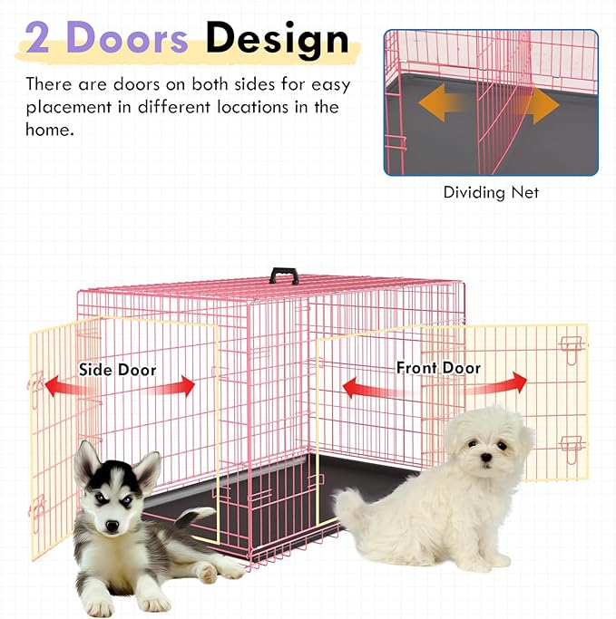 PayLessHere Large Dog Crate Kennel for Medium Large Dogs 24 inches Metal Dog Cage Double-Door Folding Travel Indoor Outdoor Puppy Playpen with Divider and Handle Plastic Tray,Pink