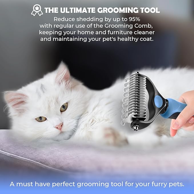 Undercoat Rake for Dogs & Cats, Dematting Comb with Extra Wide Double-Sided Stainless Steel Teeth for Detangling, Deshedding, Brushing, Thinning & Removing Shed Fur, Knots, Mats, and Tangles in Pets