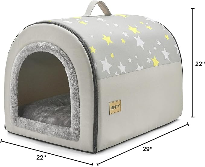 Jiupety Indoor Dog House, 2-in-1 Portable Foldable House Bed with Cover, Pet Tent & Cave Bed for Medium Dogs, XL(29"×21"×20"), Up to 44 Lb, Grey