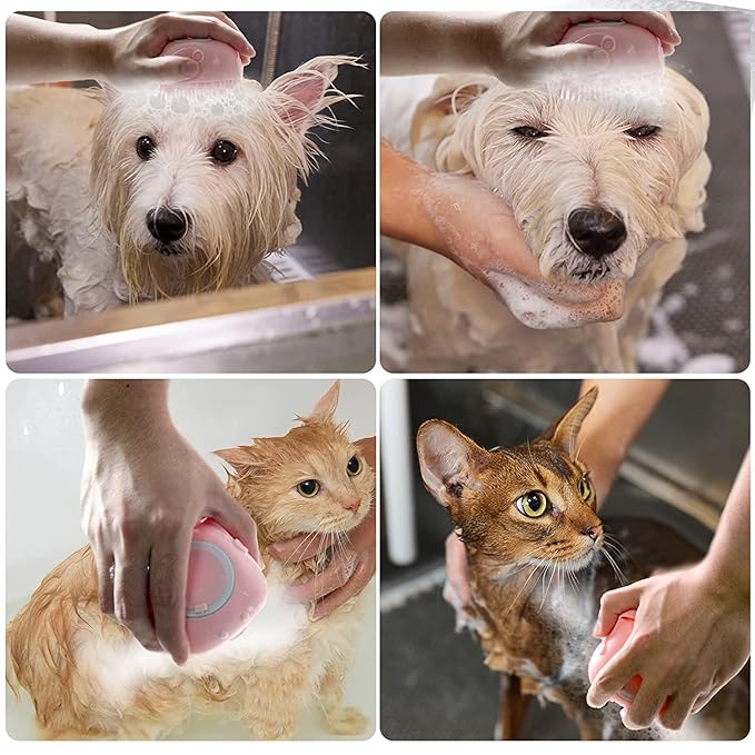 Sin American Dog Cat Bath Brush Comb Silicone Rubber Dog Grooming Brush Silicone Puppy Massage Brush Hair Fur Grooming Cleaning Brush Soft Shampoo Dispenser(Pink)