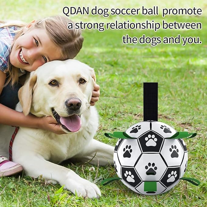 QDAN Dog Toys Soccer Ball with Straps, World Cup Interactive Dog Toys for Tug of War, Puppy Birthday Gifts, Dog Tug Toy, Dog Water Toy, Durable Dog Balls for Medium Large Dogs(8 Inch)