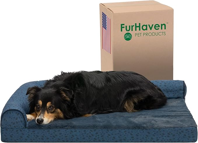 Furhaven Orthopedic Dog Bed for Large/Medium Dogs w/ Removable Bolsters & Washable Cover, For Dogs Up to 55 lbs - Plush & Almond Print L Shaped Chaise - Blue Almonds, Large