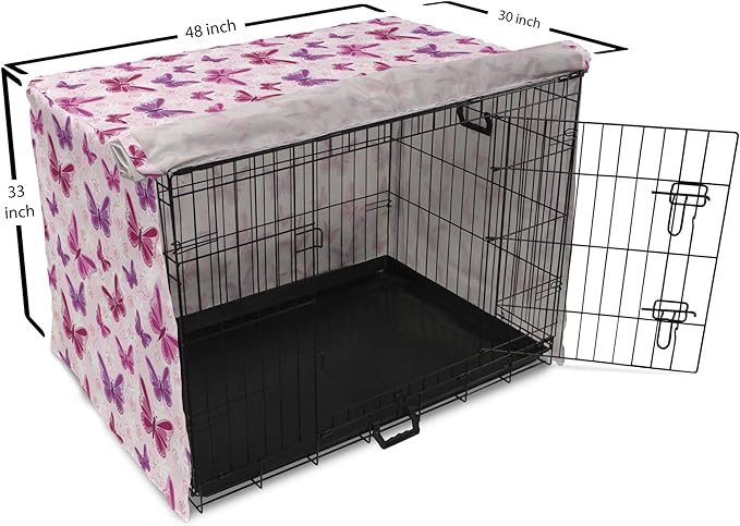 Ambesonne Purple Dog Crate Cover, Abstract Butterflies on Floral Background Feminine Romance Illustration, Easy to Use Pet Kennel Cover for Medium Large Dogs, 48 Inch, Maroon Purple Pale Pink