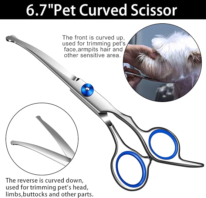 Dog Grooming Scissors with Safety Round Tip,Professional Dog Grooming Kit,Dog Hair Shears Set,Incude Thinning、 Curved、Straight Scissors and Comb. Suitable for The Right Hand