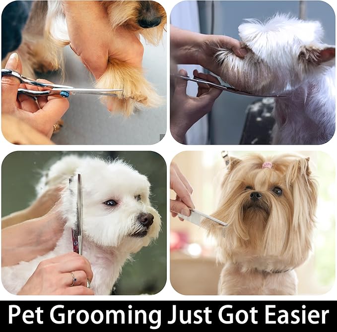 Dog Grooming scissors Kit,Includes Curved Thinning straight scissors,Comb,Grooming nail clipers,Nail Trimmer,Dog Grooming Scissors with Safety Round Tips,pet Grooming kit for Small Dogs&Puppies
