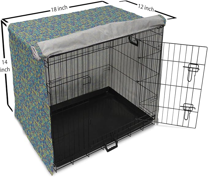 Lunarable Yellow and Blue Dog Crate Cover, Circles Squares and Triangles Mosaic Pattern with Dots Vibrant, Easy to Use Pet Kennel Cover for Small Dogs Puppies Kittens, 18 Inch, Purple Sky Blue Yellow