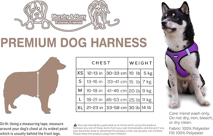 Murphy & Roxy No Pull Dog Harness for Medium Sized Dogs - Heavy Duty Dog Harness with Reflective Trim - Adjustable Dog Vest Harness for Walking - Comfortable Dog Accessories for Dogs - Purple, Size M