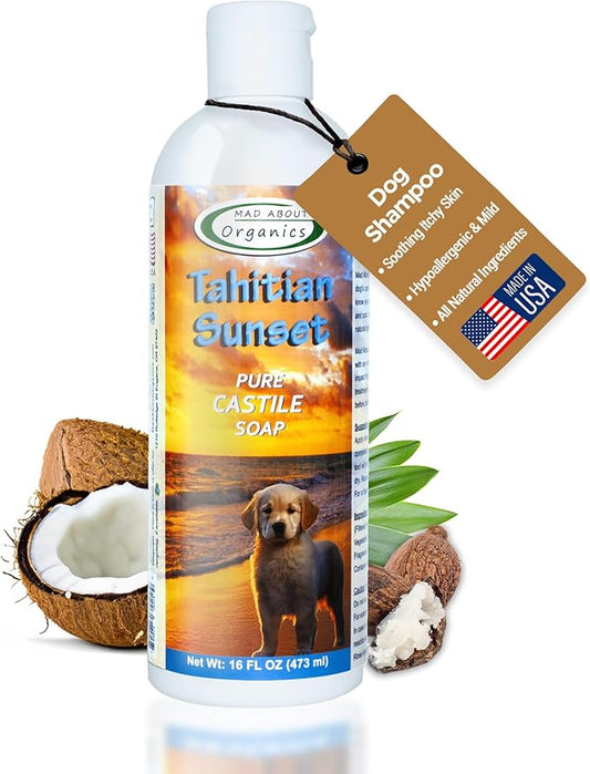 Tahitian Sunset Dog Shampoo - Pure Castile Soap with Essential Oils, Gentle & Conditioning Formula for All Coat Types, Suitable for Dogs 4 Weeks & Older, Mild Scent, 16 oz