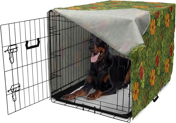 Ambesonne Floral Dog Crate Cover, Funky Flower Foliage Bush with Fractal Retro Jungle Art Design, Easy to Use Pet Kennel Cover for Medium Large Dogs, 42 Inch, Olive Green
