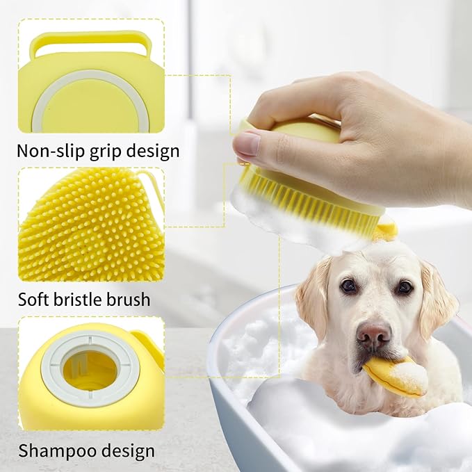 WishLotus Pet Bath Brush, Soft Silicone Cat Grooming Brush Dog Bath Massage Brush Shampoo Dispenser Heart-Shaped Multifunctional BathBrush for Pet Shower (Heart-Yellow)