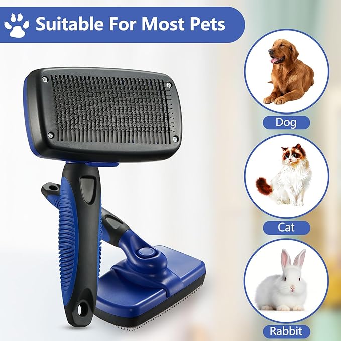 Self-Cleaning Slicker Brush for Pets - Removes Loose Hair, Cat and Dog Grooming Tool (Large, Blue)