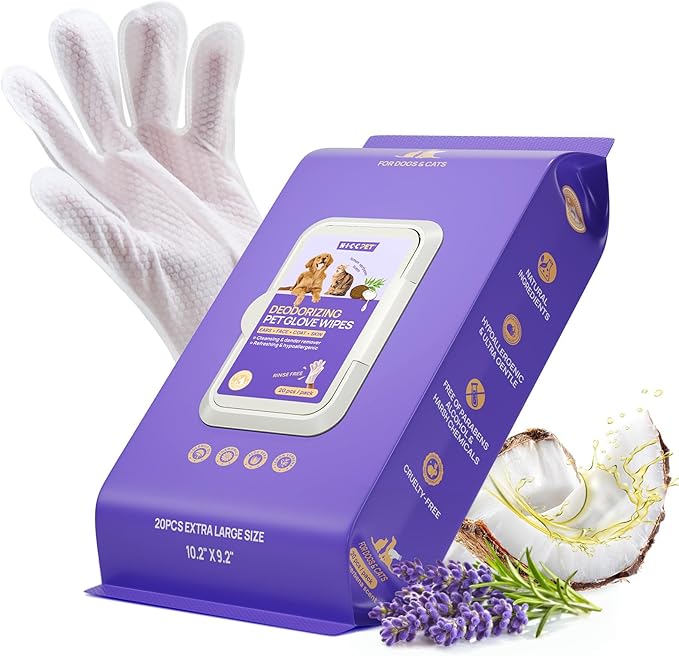 HICC PET Cleaning & Deodorizing Bathing Wipes for Dogs & Cats, Hypoallergenic Coconut Oil Grooming Glove Wipes for Dogs Nourishing Fur, Cat Wipes Cleaning Fur for Daily and Traveling Care