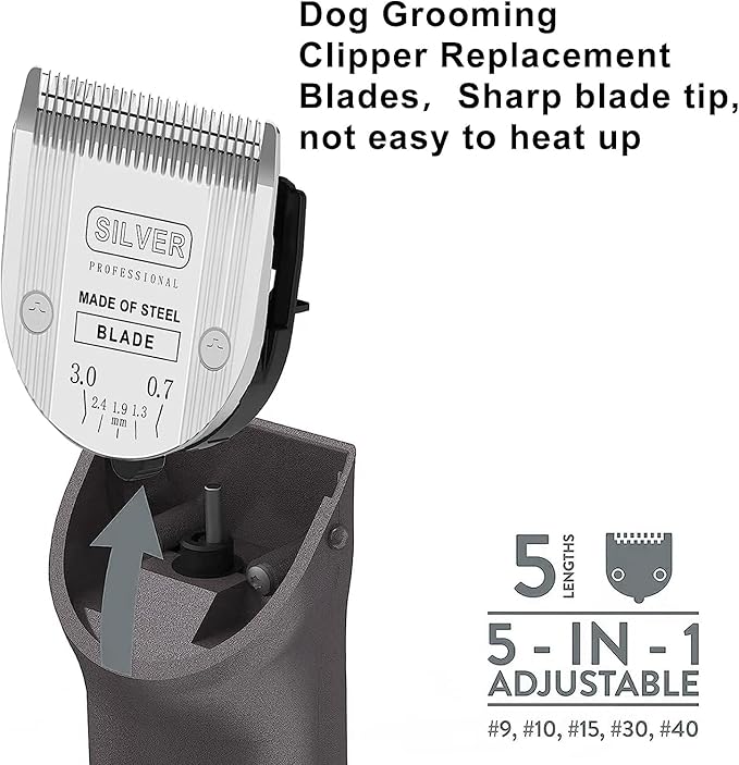 2PC Professional Animal 5 in 1 Adjustable Blade Compatible with WAHL Arco, Bravura, Chromado, Creativa, Figura Dog Clippers for Dogs Grooming -Silver