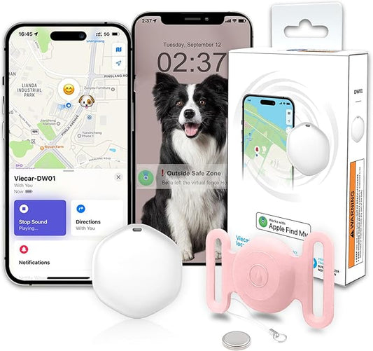 GPS Tracker for Dogs, Mini GPS Pet Tracker with Silicone Cover, IPX8 Waterproof GPS Tracker for Kids,No Monthly Fee,Work with Apple Find My(iOS Only),Dog Tracker Finder Tracker Pets(Pink-L)