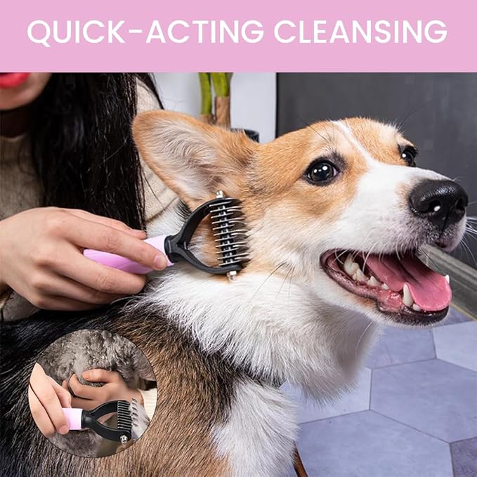 Pet Grooming Brush - Shedding Comb & Dematting Tool for Dogs & Cats, Extra Wide Undercoat Rake, Pink