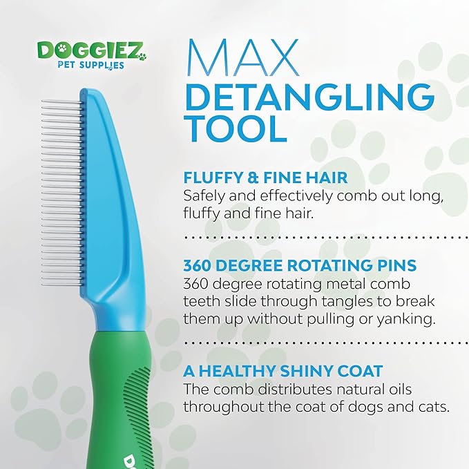 Rotating Pin Detangling Comb for Dogs & Cats - Detangler Grooming Tool Dematting Comb - Stainless Steel Metal Teeth Matted Fur, Knots, Tangles and Undercoat Shedding