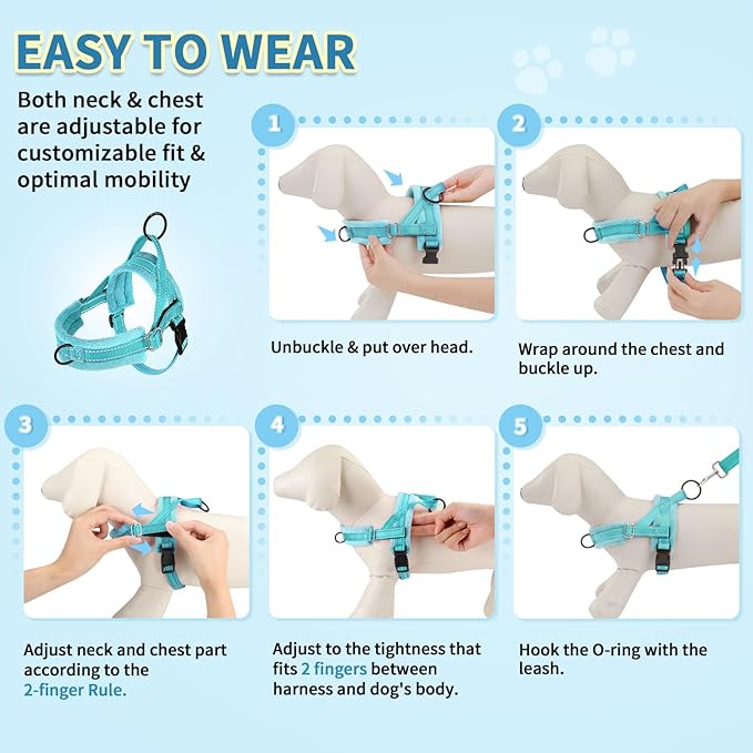 SlowTon No Pull Small Dog Harness and Leash Set, Puppy Soft Vest Harness Neck & Chest Adjustable, Reflective Lightweight Harness & Anti-Twist Pet Lead Combo for Small Medium Dogs(BL-Front Clip,XXS)