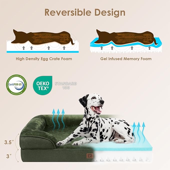 EHEYCIGA Orthopedic Dog Beds for Large Dogs, Waterproof Memory Foam Large Dog Bed with Sides, Non-Slip Bottom and Egg-Crate Foam Large Dog Couch Bed with Washable Removable Cover, Dark Green