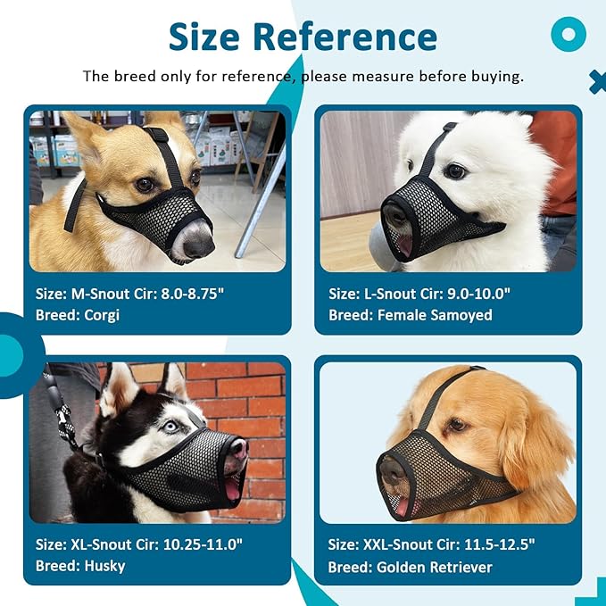 LUCKYPAW Dog Muzzle, Mesh Muzzle for Large Medium Small Dogs, Soft Dog Muzzle to Prevent Biting Chewing Excessive Barking with Adjustable Head Strap, Perfect for Vet Visit (Black, XXL)