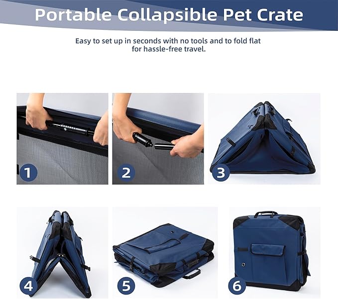 Pettycare 30 Inch Collapsible Dog Crate with Curtains Travel Dog Crate for Airflow and Calm Soft Pet Kennel with Portable Bag and More Chew Proof Mesh Indoor & Outdoor Navy Blue 4 Door Curtains