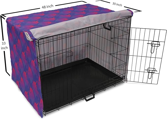 Lunarable Myth Dog Crate Cover, Pattern with Unicorn Silhouettes in Ombre, Easy to Use Pet Kennel Cover for Medium Large Dogs, 48 Inch, Indigo Magenta