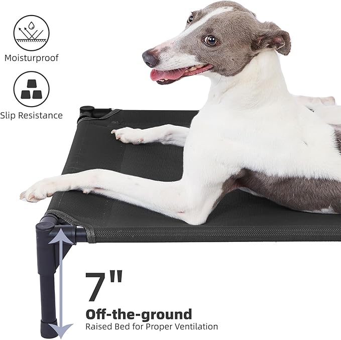 pettycare Elevated Outdoor Dog Bed - Dog Cots beds for Medium Dogs, Heavy Duty Raised Dog Bed Waterproof, Cooling Elevated Dog Bed with Washable Teslin Mesh, Durable, Non Slip, 32 Inches, Black