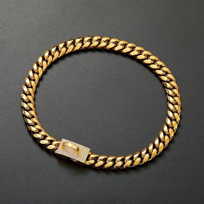 Cute Strong Gold Chain Dog Collar with Bling Clasp & Tag Pendant,18K Gold Plated Cuban Link Dog Collar,Dog Necklace Walking Collar for Puppy Small Dogs(12 Inches)