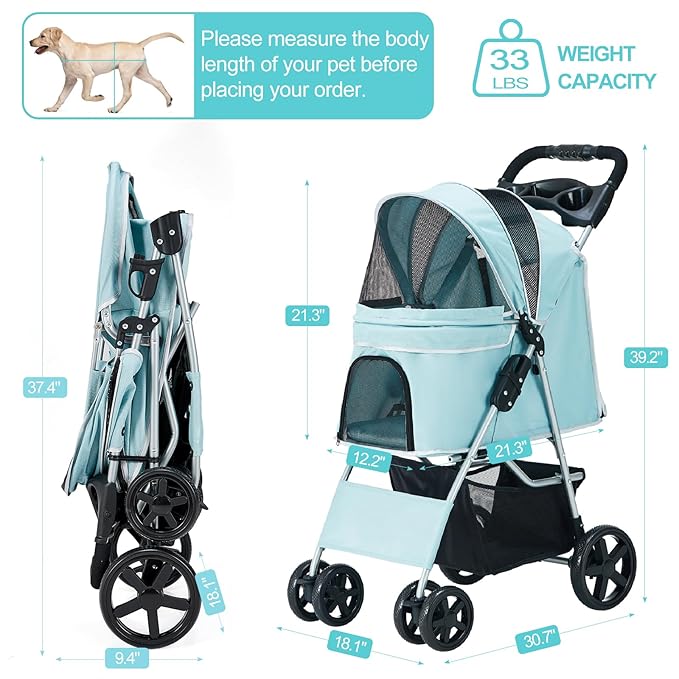 Pet Stroller for Medium Small Dogs and Cats, Folding Puppy Stroller Dog Cat Cage Jogger Stroller with Cup Holder and Storage Basket, 4 Wheels, Light Blue