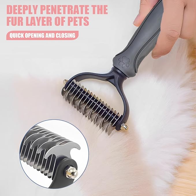 Pet Deshedding Tool - 2-in-1 Double-Sided Bottom Undercoat Rake for Dogs and Cats, Grey