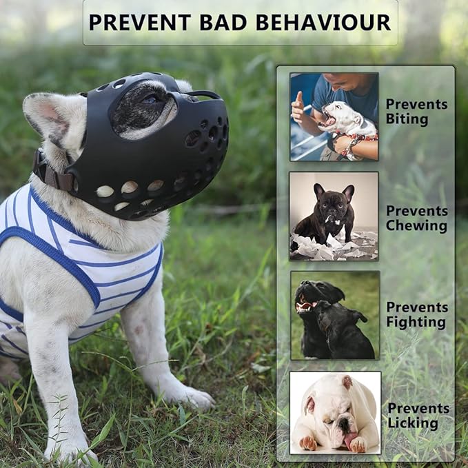 BARKLESS Dog Muzzle for Short Snout Dogs, Soft Silicone Muzzle for Biting, Chewing, Licking for French Bulldog Shih Tzu, Ideal for Flat-Faced Aggressive Dogs Grooming Walking, Allows Drinking