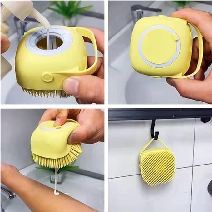 Pet Dog Bath Brush Soft Silicone Dog Shampoo Brush, Fur Grooming Cleaning Brush Shampoo Dispenser (Yellow)