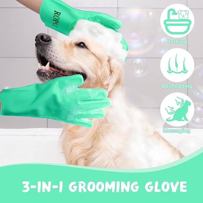 ROPO silicone gloves for pet grooming, multi-functional gloves for pet hair shedding, bathing, and massage (Green)