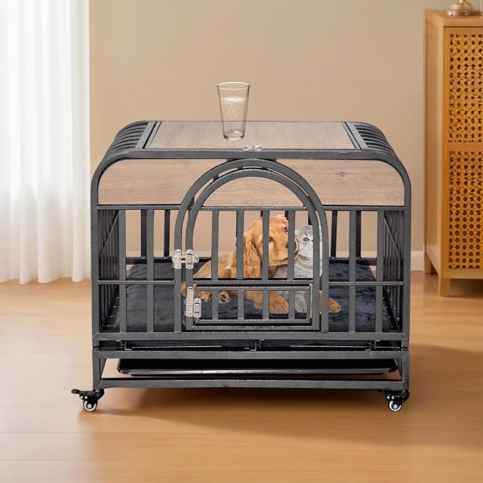 NicBex 46 Inch Heavy Duty Dog Crate Strong Metal Pet Kennel Playpen and Crate with Removable Trays and Wheels,Furniture Style Dog Crate for Medium/Large Dogs,Natural