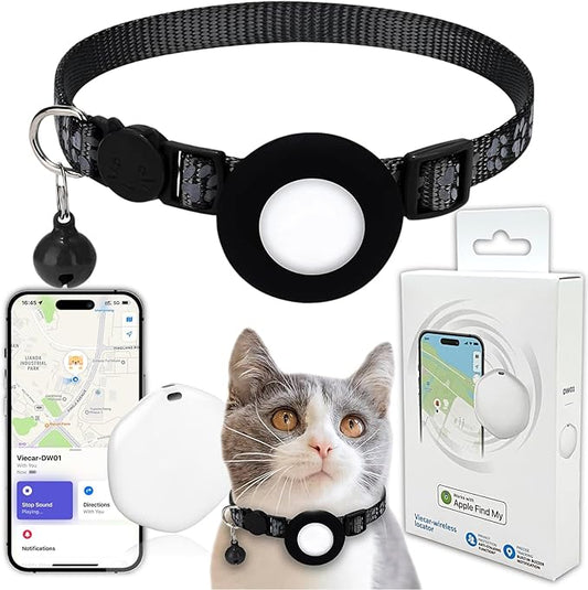 GPS Tracker for Cats, Mini GPS Pet Tracker with Collar, IPX8 Waterproof Cat Tracker Collar,No Monthly Fee,Work with Apple Find My(iOS Only),Smart Tracker for Pets(Black)