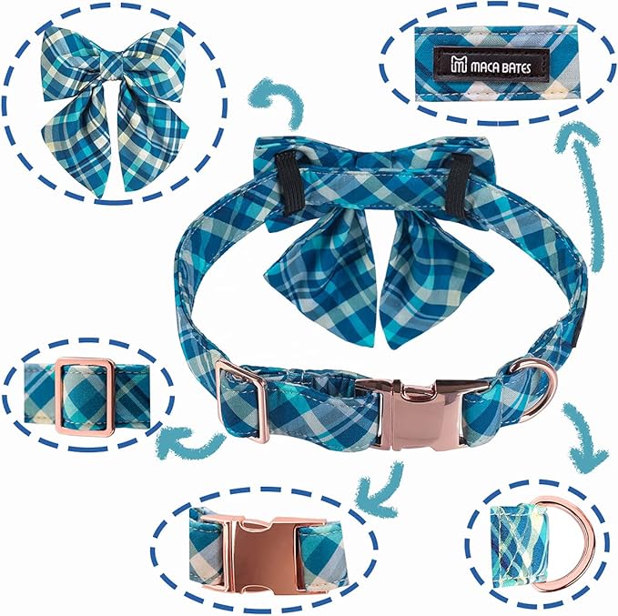Maca Bates Dog Collar-Colorful Grid and Ripple Pattern Sailor Bow Tie,Adjustable Collar with Metal Buckle for Cat and Dog