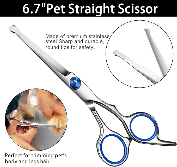 Dog Grooming Scissors with Safety Round Tip,Professional Dog Grooming Kit,Dog Hair Shears Set,Incude Thinning、 Curved、Straight Scissors and Comb. Suitable for The Right Hand