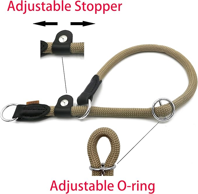 Braided Rope Collar, Training Dog Collar, Round Martingale Collar, Slip Collar with Adjustable Stopper and Slidable Stop Ring - Ideal for Medium Dogs (M(1/3") - 18" Long, Khaki)