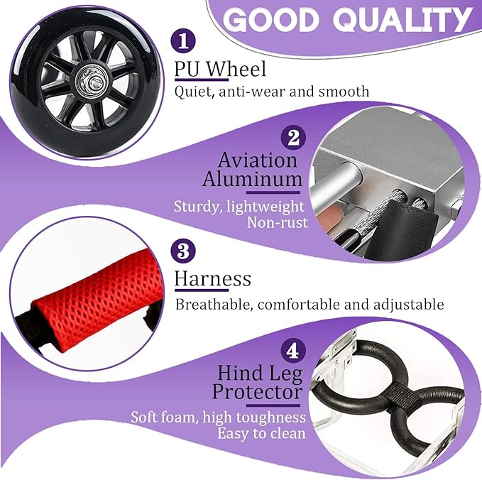 Dog Wheelchair for Back Legs Large Dog Carts with Wheels Adjustable Wheelchair for Dogs with Disabled Hind Legs Walking, with 4PCS Rear Leg Protection Pads (L)