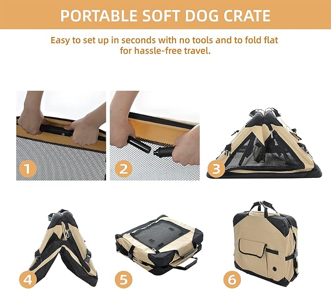 Pettycare 30 Inch Collapsible Dog Crate for Medium Dogs, 4-Door Foldable Soft Dog Kennel with Chew Proof Mesh Windows, Indoor & Outdoor Travel Dog Crate, Beige