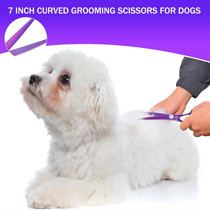 7 Inch Curved Scissors for Dog Grooming, 440C Stainless Steel Pet Hair Trimming Shears with Safe Round Tips, Professional Downward Curve for Dogs, Cats, and Other Pets