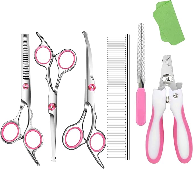 Dog Grooming Scissors with Safety Round Tip Pet Grooming scissors Kit Dog Shears kit Incudes Thinning Curved Straight Grooming Scissors Nail Clippers Nail File and Comb for dogs cats
