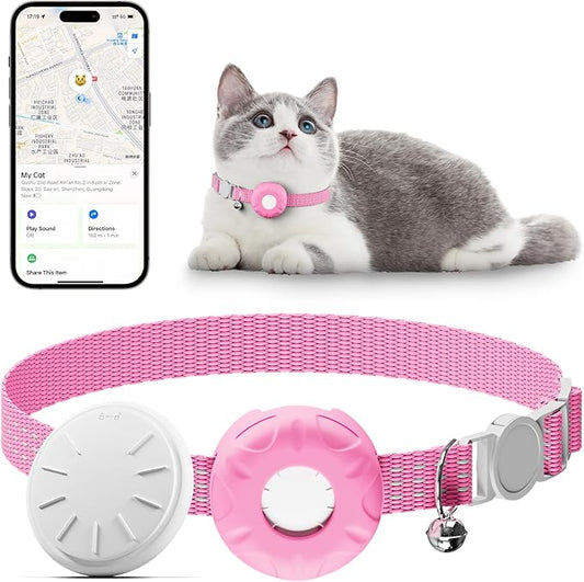 Pet Tracker for Cats, Compatible with Apple Find My App (Only iOS), Cat Tracker Collar with Safety Elastic Buckle, Cat GPS Tracker Works with Any Collar, No Monthly Fee, Waterproof, Pink